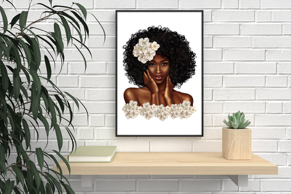 Afro Woman Art Print - Floral African Queen Print