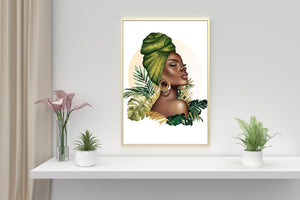 African Woman Head Wrap print in Gold and Green